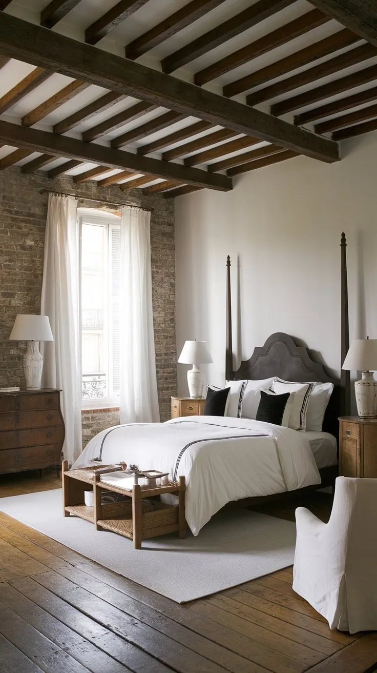 A black and white French bedroom exudes European country charm with exposed brick, wooden beams, and organic décor.