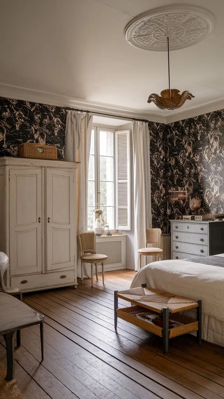 Elegant black and white French country bedroom design features natural materials and textures for an organic feel