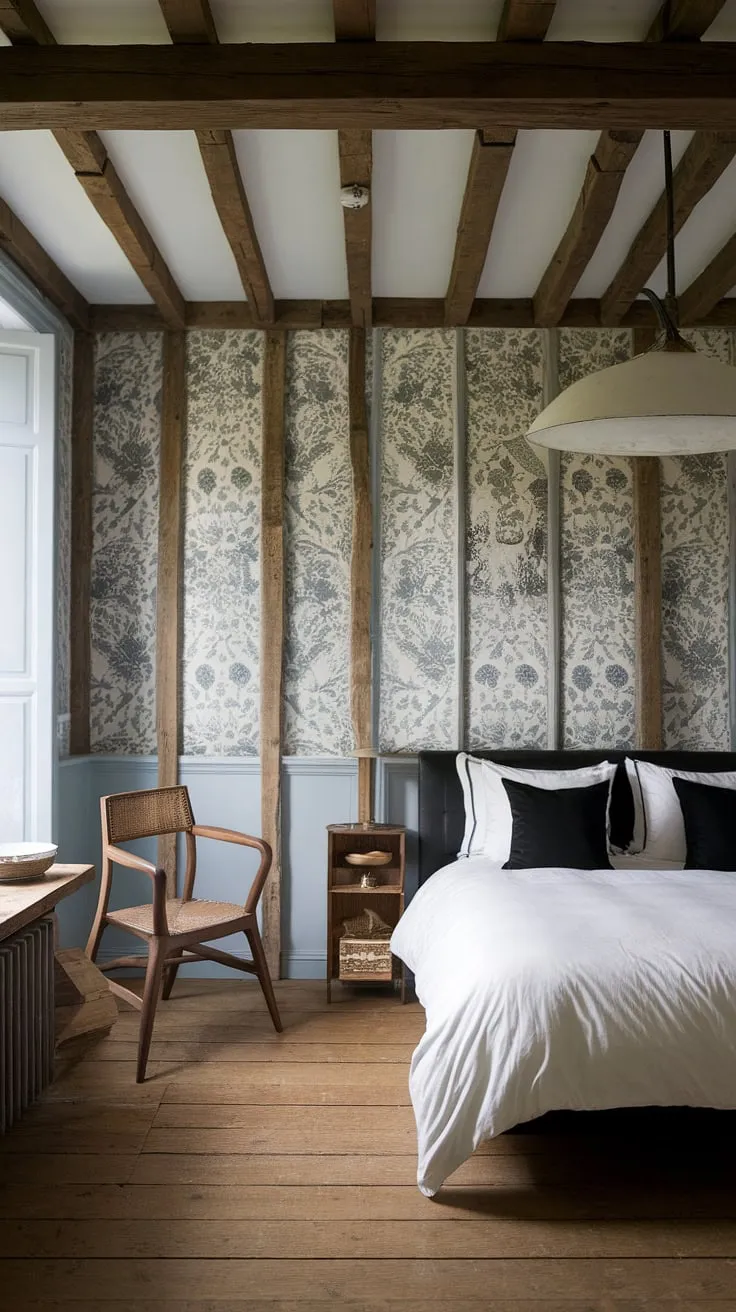 Elegant French country bedroom design features wooden accents and floral wallpaper.