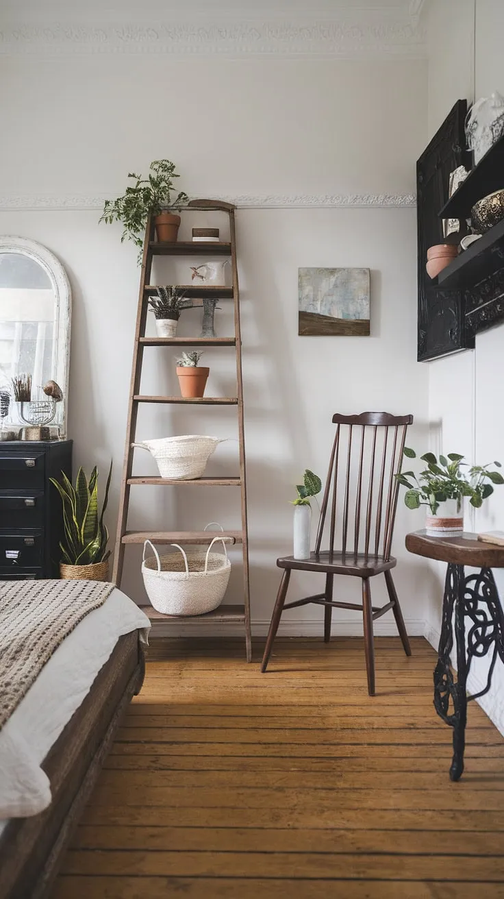 Elegant black and white French country bedroom décor features a wooden bed, chair, and ladder holding potted plants.