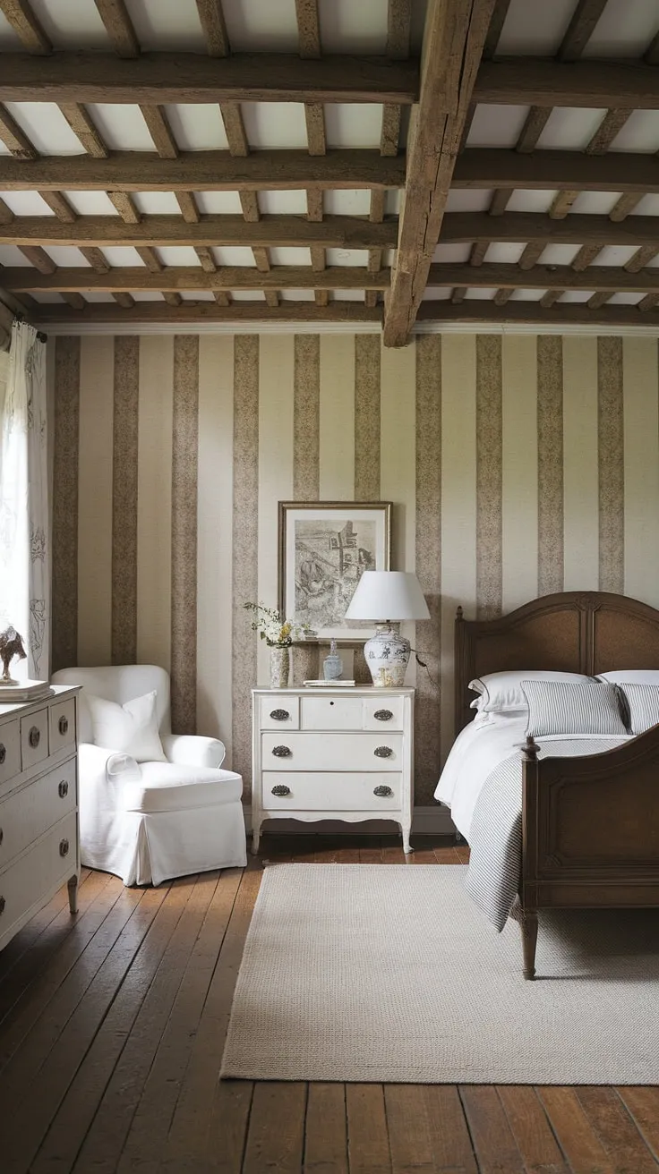 Elegant French country bedroom design features a black and white palette, wooden accents, and striped walls