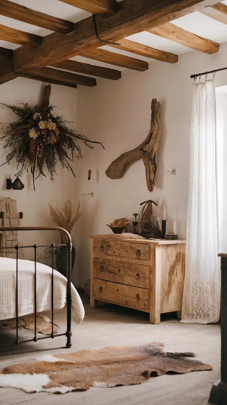 A black and white French bedroom evokes country charm with organic details and a wrought iron bed.