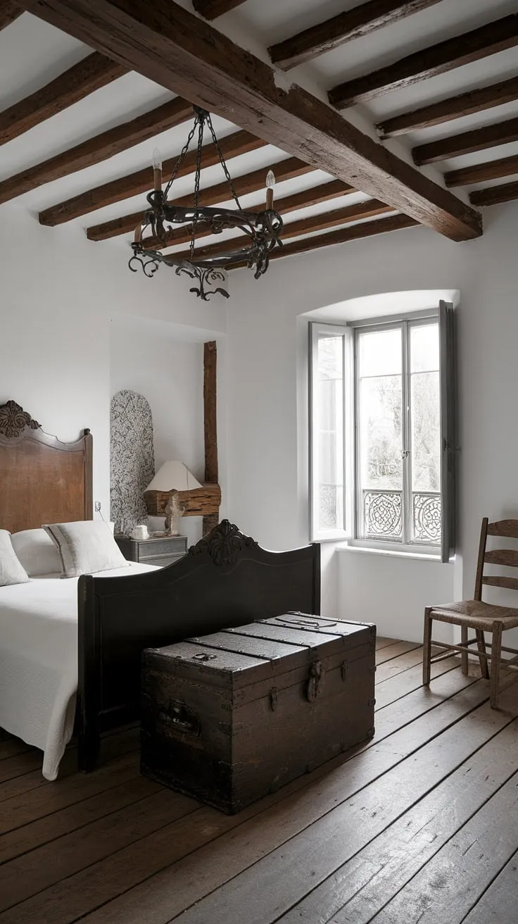 Elegant French country charm fills a bedroom with aged wood, wrought iron, and vintage details