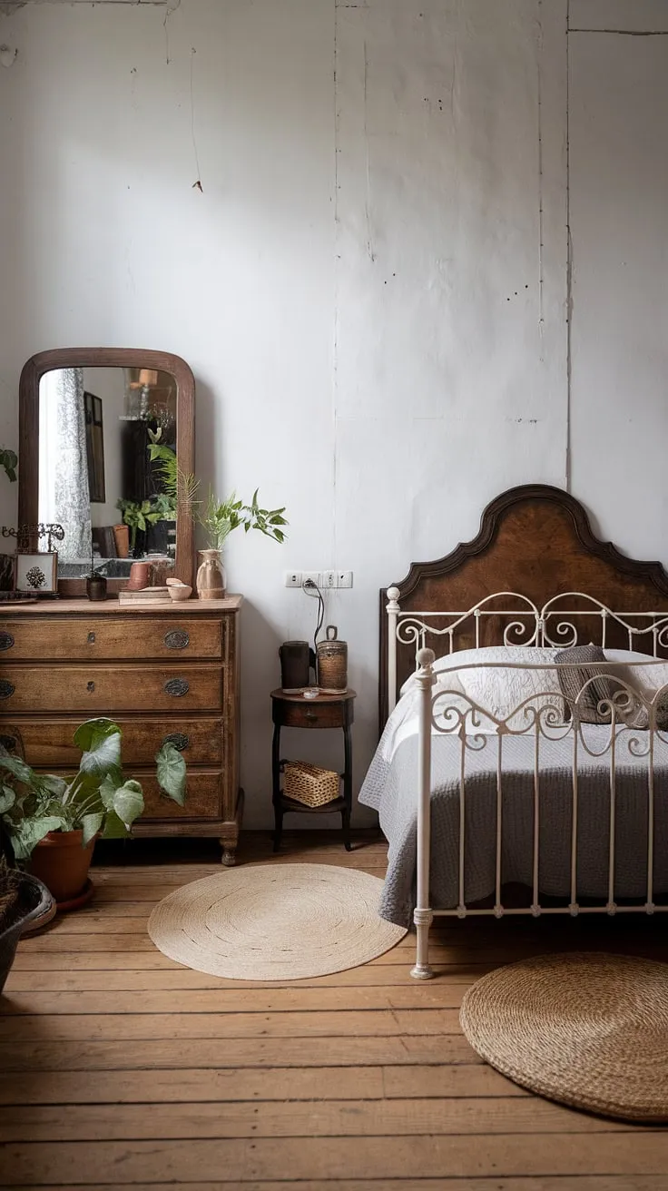 A black and white French bedroom evokes tranquility with its antique wooden pieces and simple elegance.