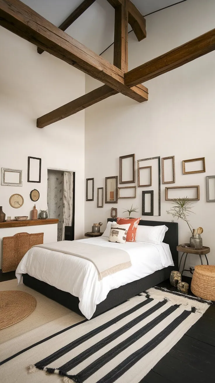 A queen-sized bed anchors a charming black and white French bedroom infused with pops of color and organic textures.