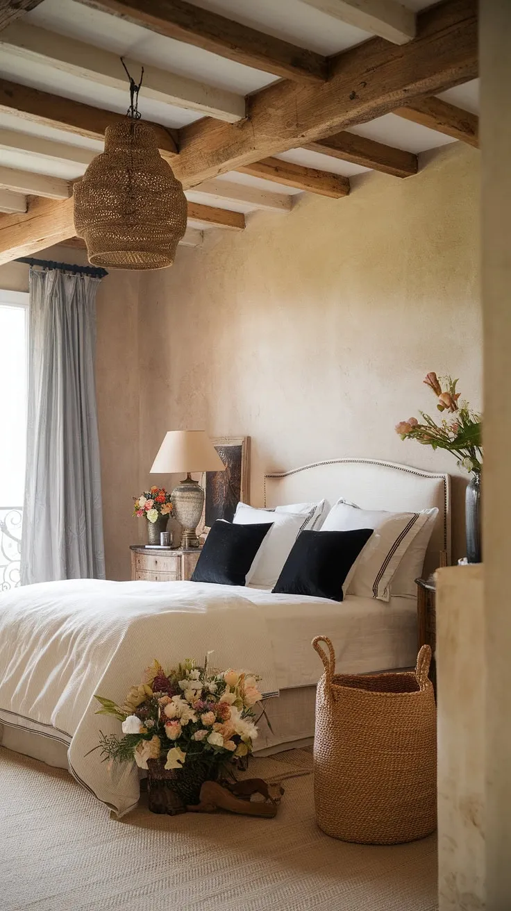 A vintage-inspired French bedroom, featuring organic textures and a monochrome palette, creates a tranquil haven.