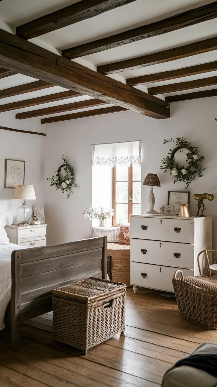 Elegant French country charm fills a white and black bedroom, complete with wooden beams, a vintage lamp, and wicker accents.