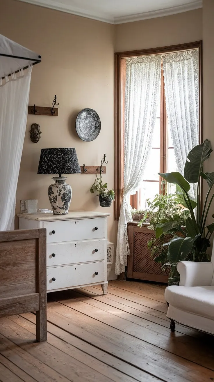 A beige-walled bedroom evokes French country charm through a black and white color scheme and delicate details.