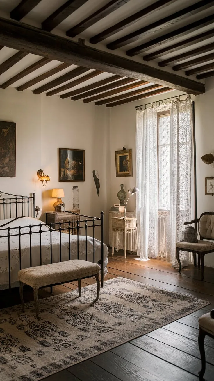 Rustic charm meets Parisian chic in a black and white French country bedroom featuring a wrought-iron bed and wooden beams.