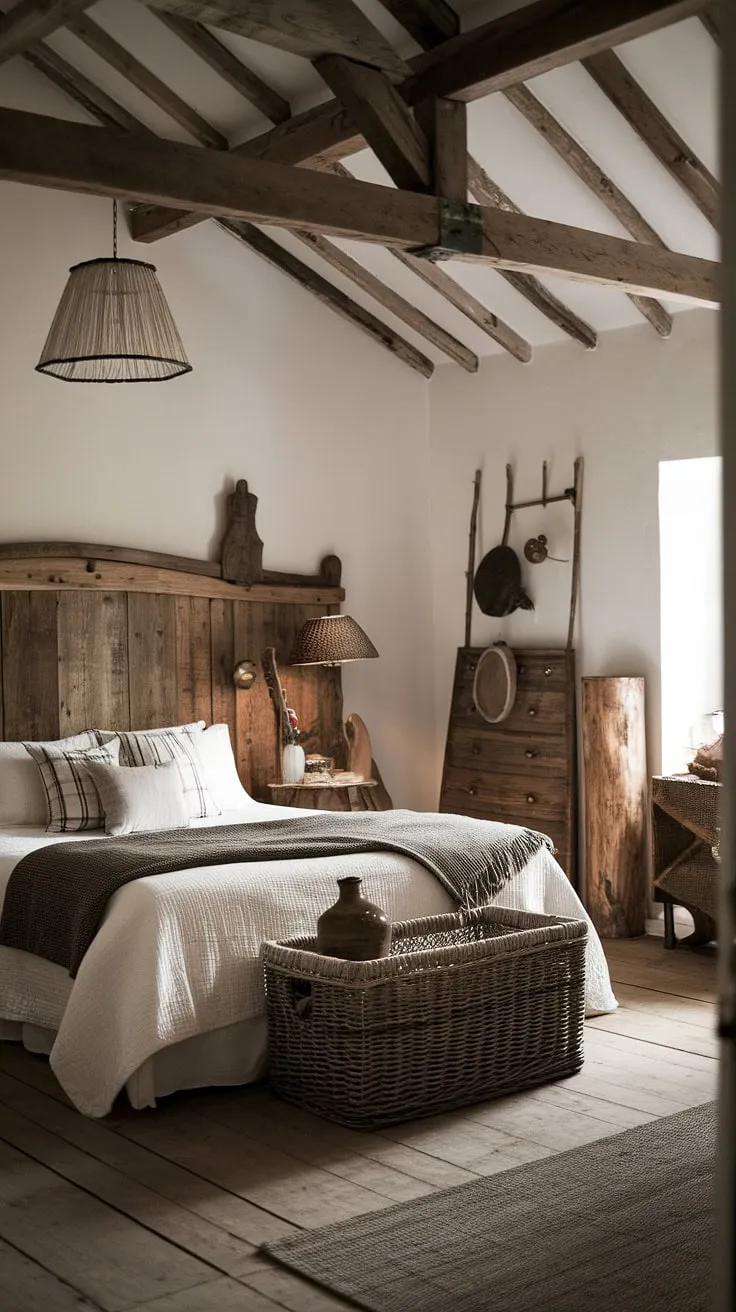A charming black and white French country bedroom evokes a peaceful, organic atmosphere with wooden details and vintage lighting.
