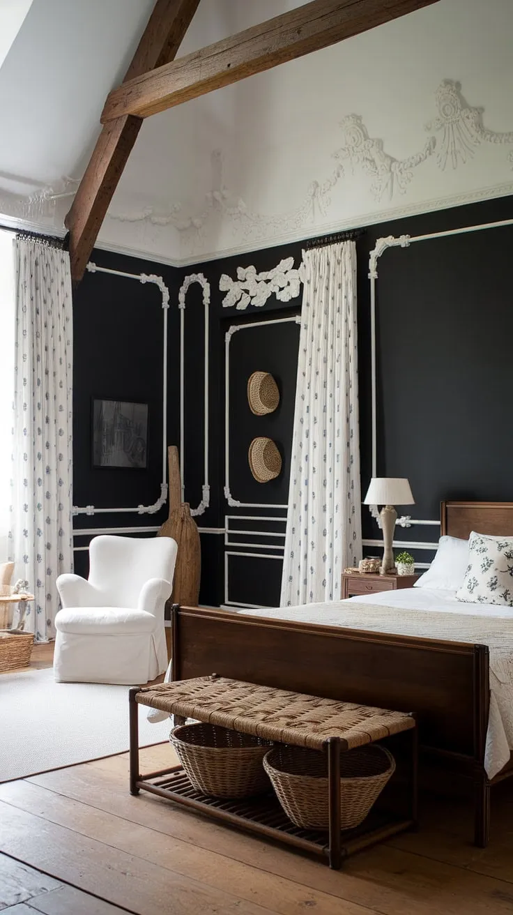 Elegant French country bedroom design features high ceilings, wooden beams, and organic details creating a calming atmosphere