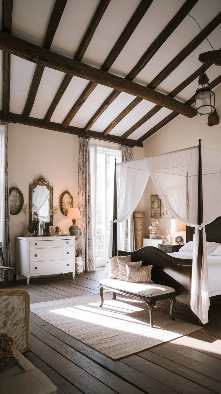 A black and white French bedroom with high ceilings and natural light evokes a sense of airy elegance through its country decor and wooden features.