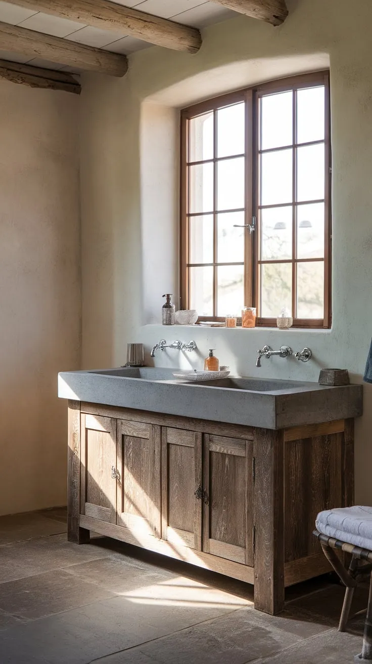 Escape to tranquility in this French bathroom.  A rustic bathroom design featuring a weathered French country vanity with a sleek concrete vanity top creates a serene and inviting atmosphere. The large window completes the idyllic setting.