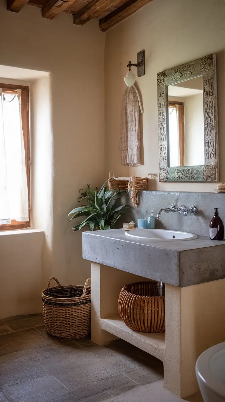 The epitome of French Country charm, this bathroom boasts a rustic bathroom design with a stunning concrete vanity top.  The French country vanity is the perfect centerpiece, creating a serene and elegant French bathroom retreat.