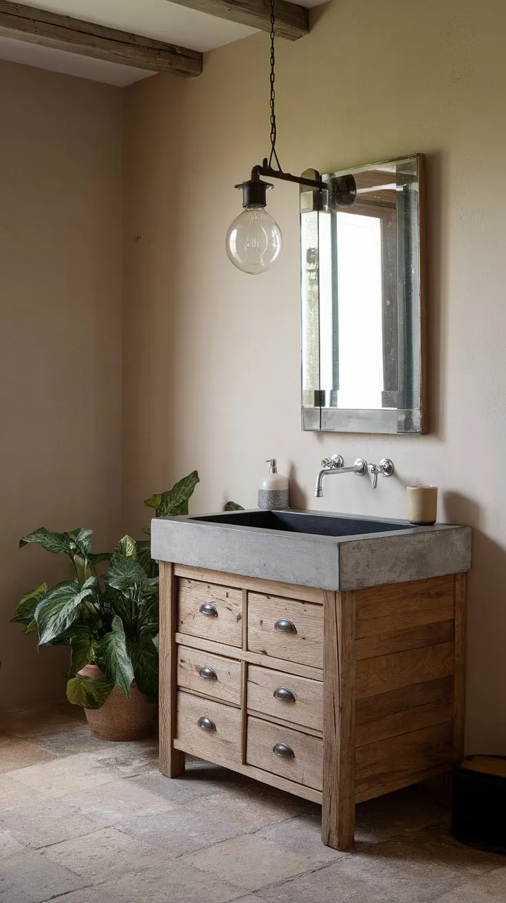 The epitome of French country charm, this bathroom boasts a rustic bathroom design with a stunning concrete vanity top.  The French country vanity is the perfect centerpiece, adding a touch of elegance to this serene French bathroom retreat.