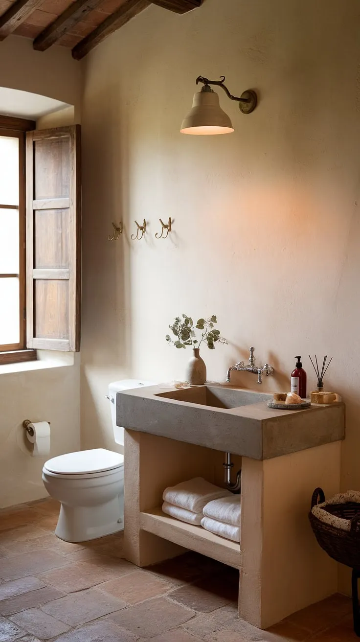Indulge in the charm of this French country bathroom, where a rustic bathroom design meets modern elegance. The concrete vanity top adds a touch of industrial chic to the French country vanity, creating a truly unique and inviting space.