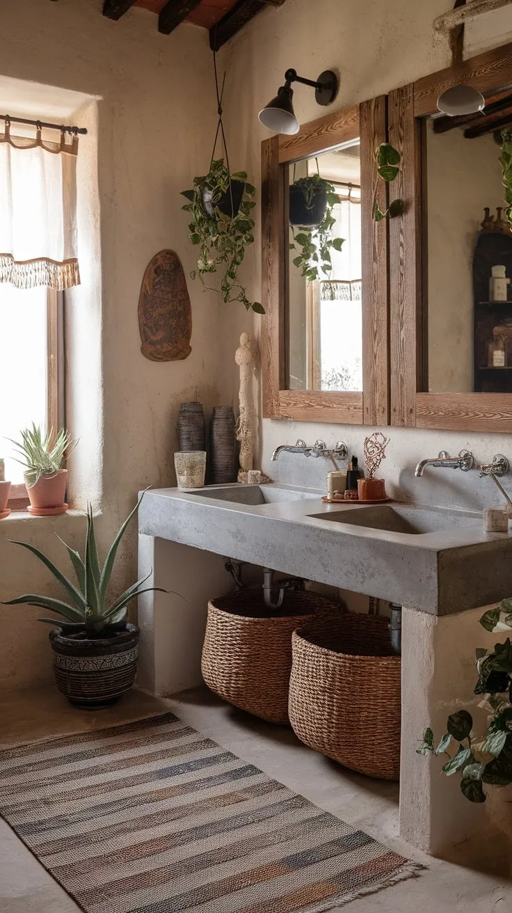 Escape to this charming French country bathroom, where a rustic bathroom design meets modern convenience. The concrete vanity top, paired with a weathered wooden mirror frame, creates the perfect French country vanity.  The lush greenery adds a touch of French countryside charm.