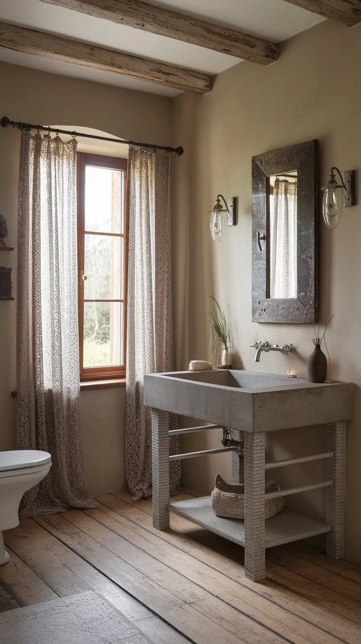 This French bathroom embodies rustic bathroom design at its finest.  The exquisite French country vanity, featuring a striking concrete vanity top, adds a touch of industrial chic to the classic French country aesthetic.