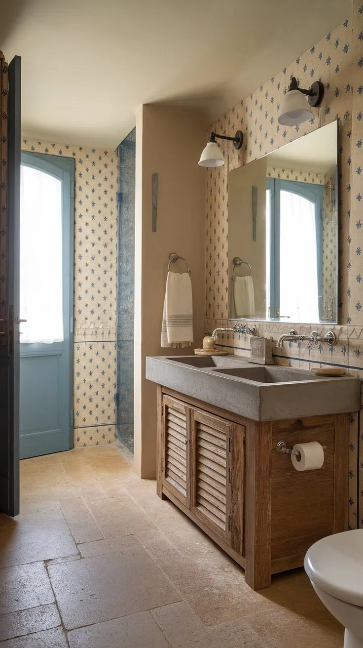 This French country bathroom boasts a stunning concrete vanity top, showcasing a perfect blend of rustic bathroom design and French country style. The double sink French country vanity and warm wooden accents add to the inviting atmosphere of this delightful French bathroom.