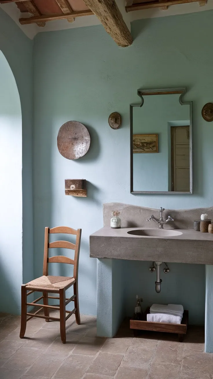 This French bathroom embodies rustic charm.  The concrete vanity top on the French country vanity is the perfect complement to the light blue walls and wooden chair, creating a truly inviting and peaceful retreat.