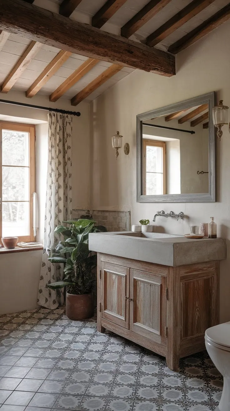 This French bathroom exudes effortless sophistication.  The combination of a rustic bathroom design and a stunning French country vanity, complete with a concrete vanity top, creates a space that's both inviting and uniquely stylish.