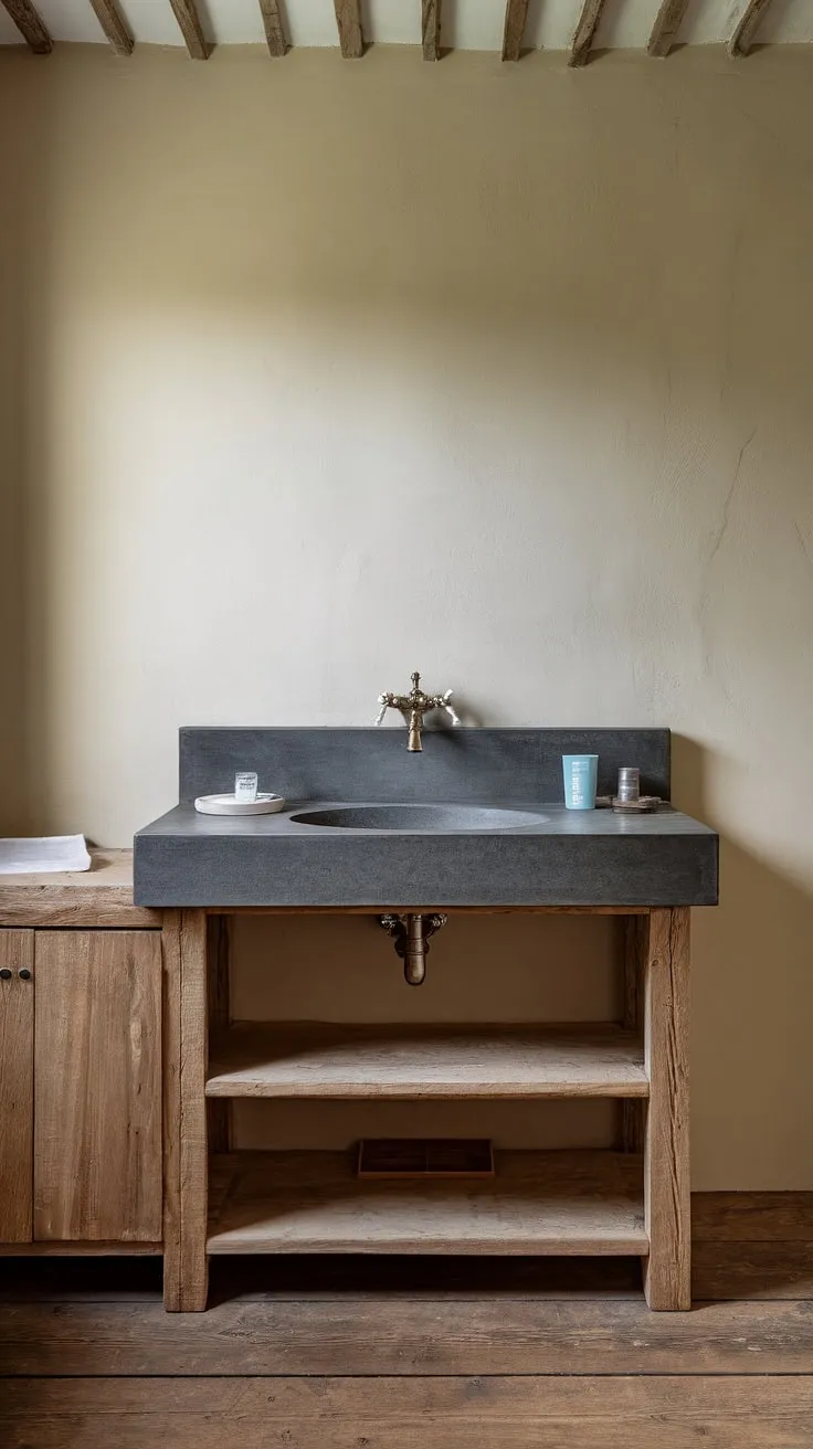 The charm of a French country bathroom is undeniable. This rustic bathroom design features a stunning French country vanity, topped with a cool, sleek concrete vanity top – a beautiful blend of old-world elegance and modern simplicity.