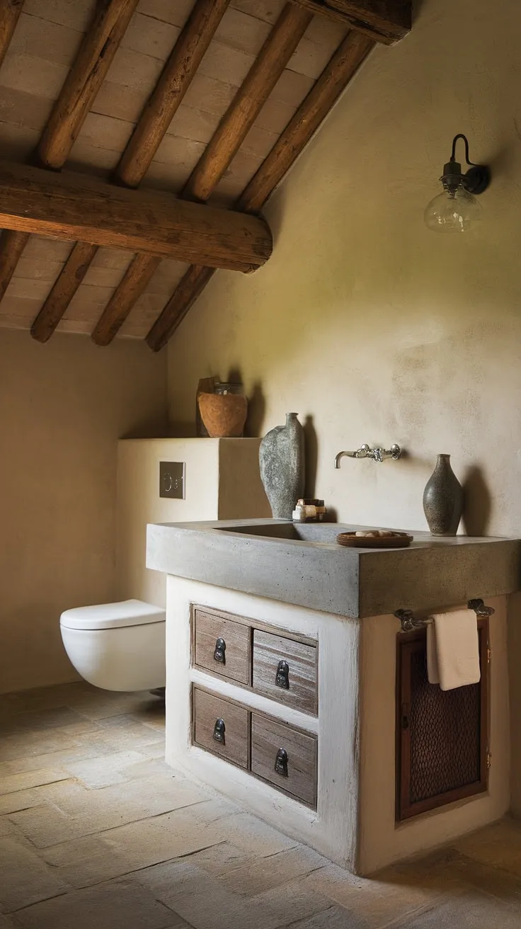 This French bathroom showcases the beauty of a rustic bathroom design with a stunning French country vanity. The concrete vanity top provides a striking contrast, perfectly complementing the overall French country aesthetic.