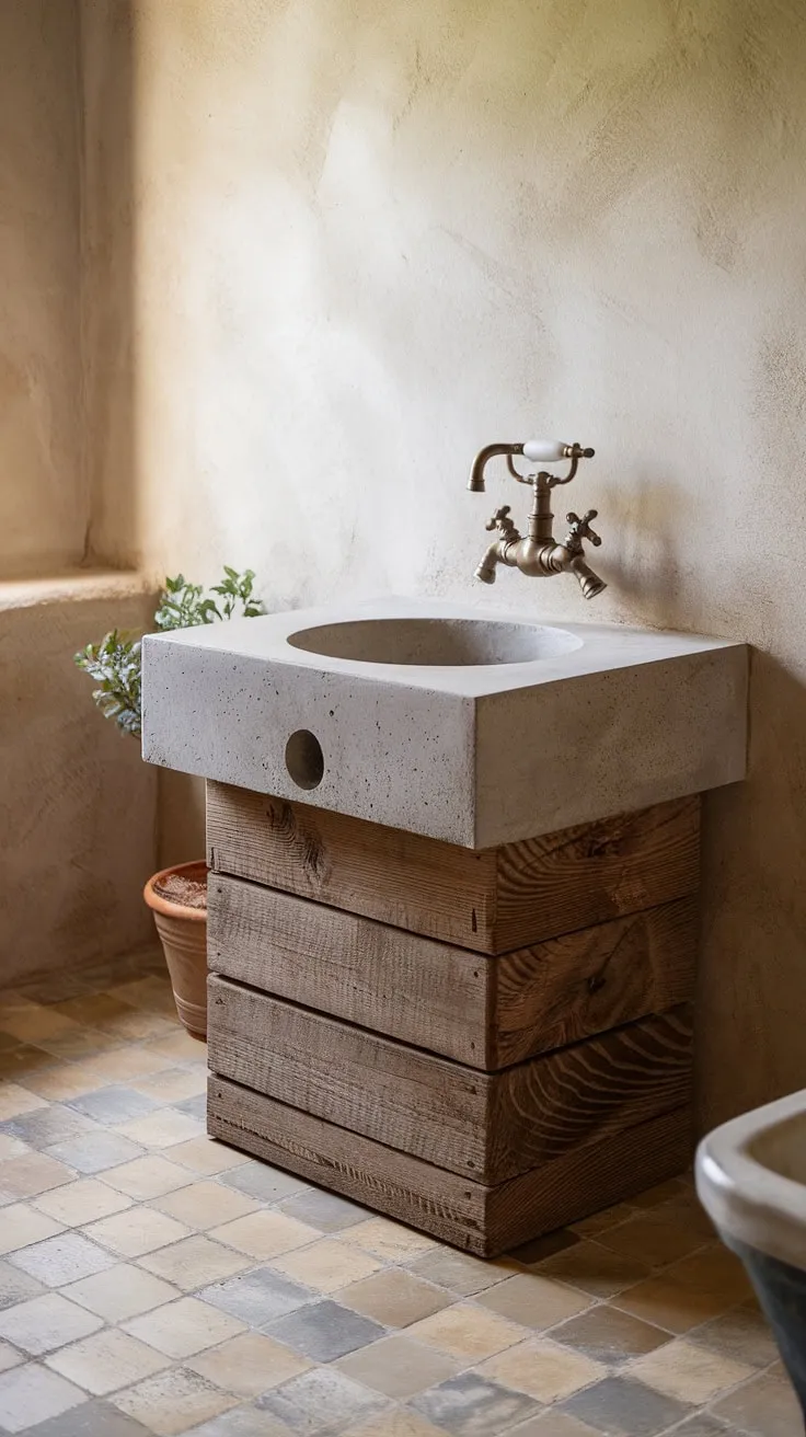 The epitome of French country charm, this bathroom boasts a rustic bathroom design with a stunning concrete vanity top.  The French country vanity is the perfect centerpiece, creating a serene and elegant French bathroom escape.
