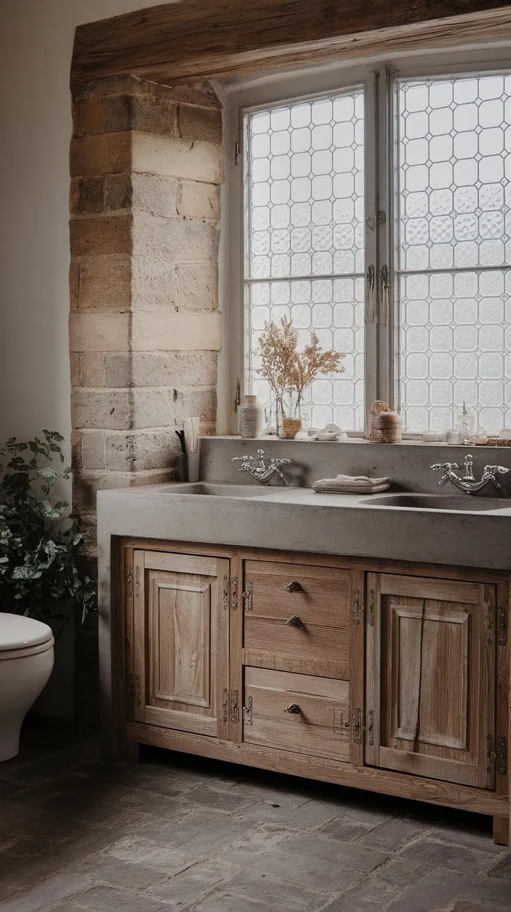 This rustic bathroom design perfectly captures the essence of French country living.  A weathered French country vanity with a sleek concrete vanity top anchors the space, while the patterned window and lush greenery complete the idyllic French bathroom retreat.