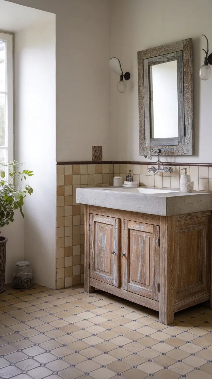 Indulge in the charm of this French country bathroom, where a rustic bathroom design meets modern elegance. The concrete vanity top complements the French country vanity perfectly, creating a serene and sophisticated space.