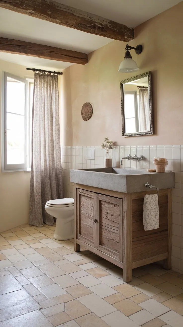 Indulge in the charm of this French country bathroom, where a rustic bathroom design meets modern elegance. The concrete vanity top adds a touch of industrial chic to the French country vanity, creating a truly unique and inviting space.