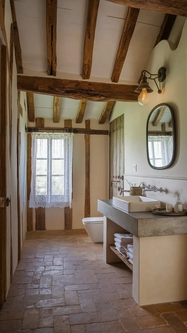 Step into this charming French country bathroom, where a rustic bathroom design meets modern elegance. The concrete vanity top and white sink complement the exposed wooden beams and terracotta tile floor perfectly, creating the ultimate French country vanity.