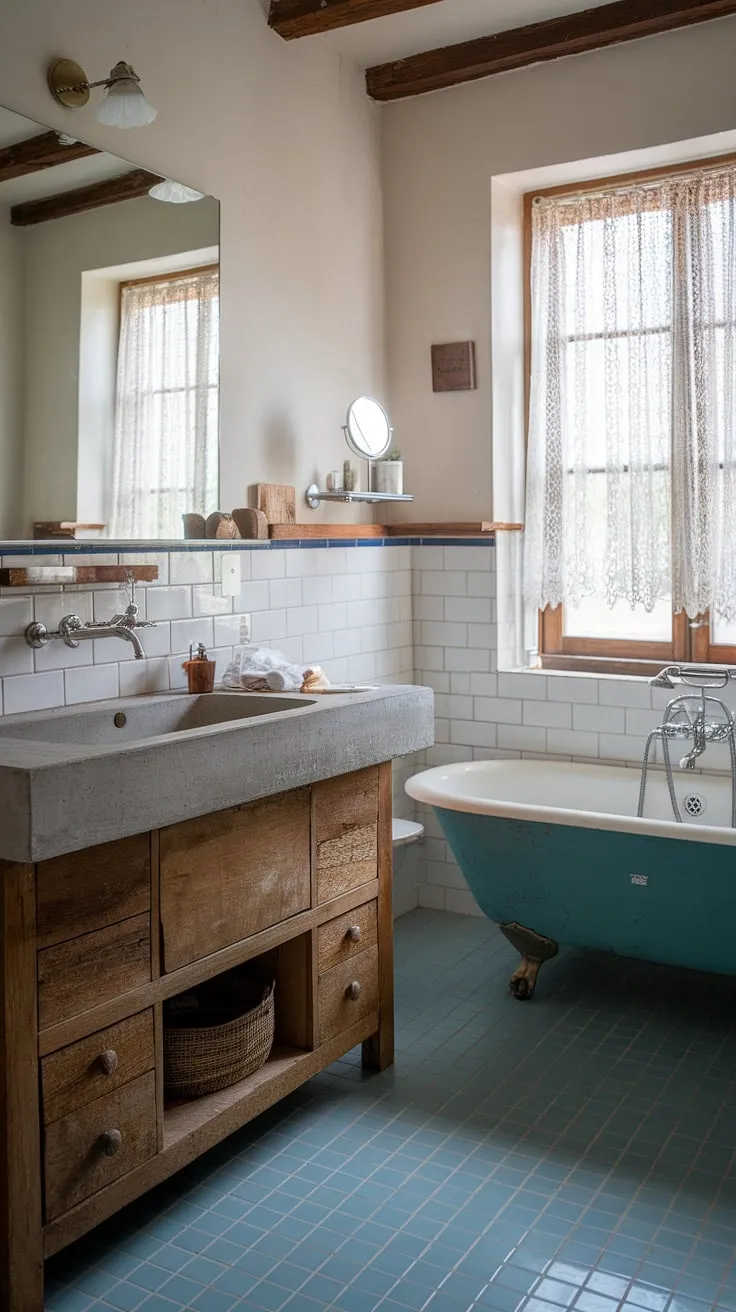 The epitome of French country charm, this bathroom boasts a rustic bathroom design with a stunning concrete vanity top.  The French country vanity is the perfect centerpiece, creating a serene and elegant French bathroom escape.