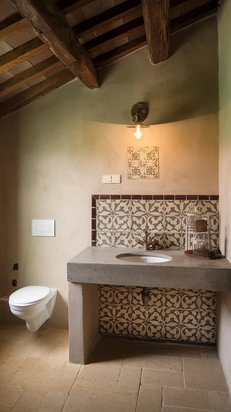 The epitome of French Country charm, this bathroom boasts a rustic bathroom design with a stunning concrete vanity top.  The French country vanity is the perfect centerpiece, creating a serene and elegant French bathroom escape.