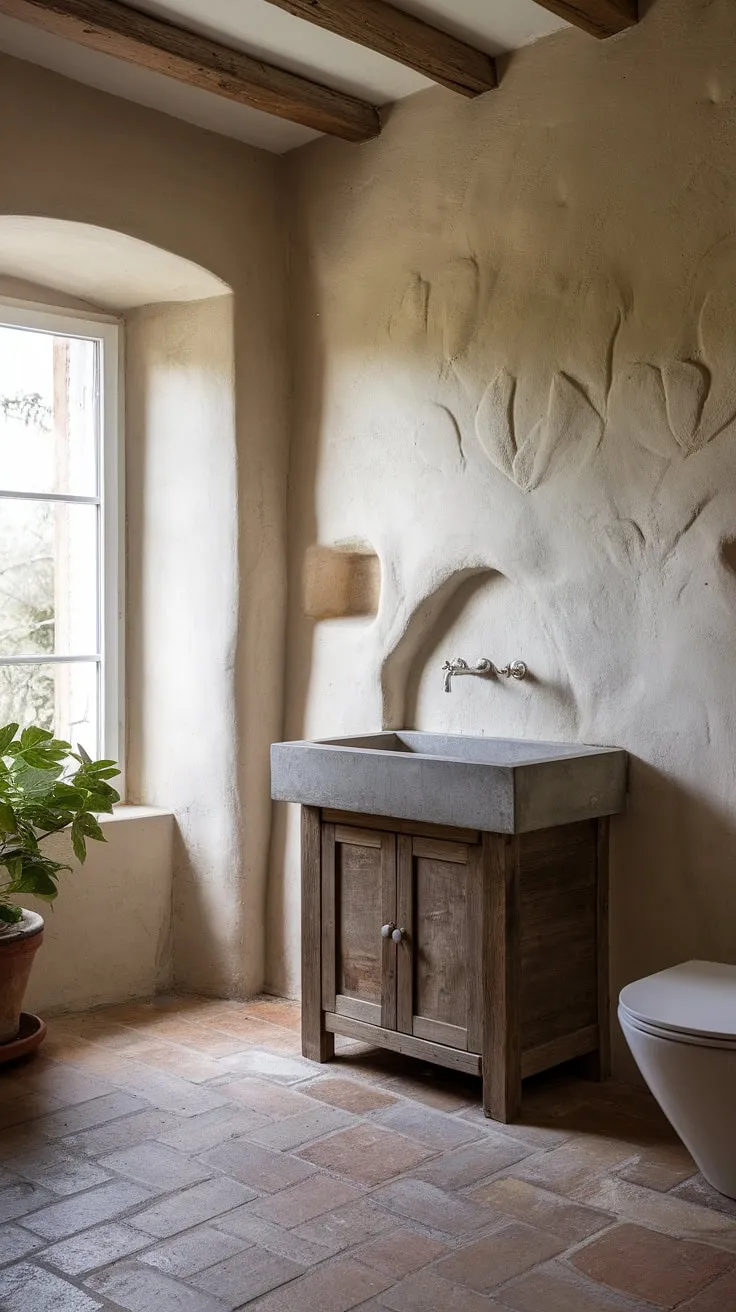 This French bathroom exudes effortless sophistication.  The French country vanity, topped with a sleek concrete vanity top, perfectly complements the rustic bathroom design, creating a serene and stylish retreat.