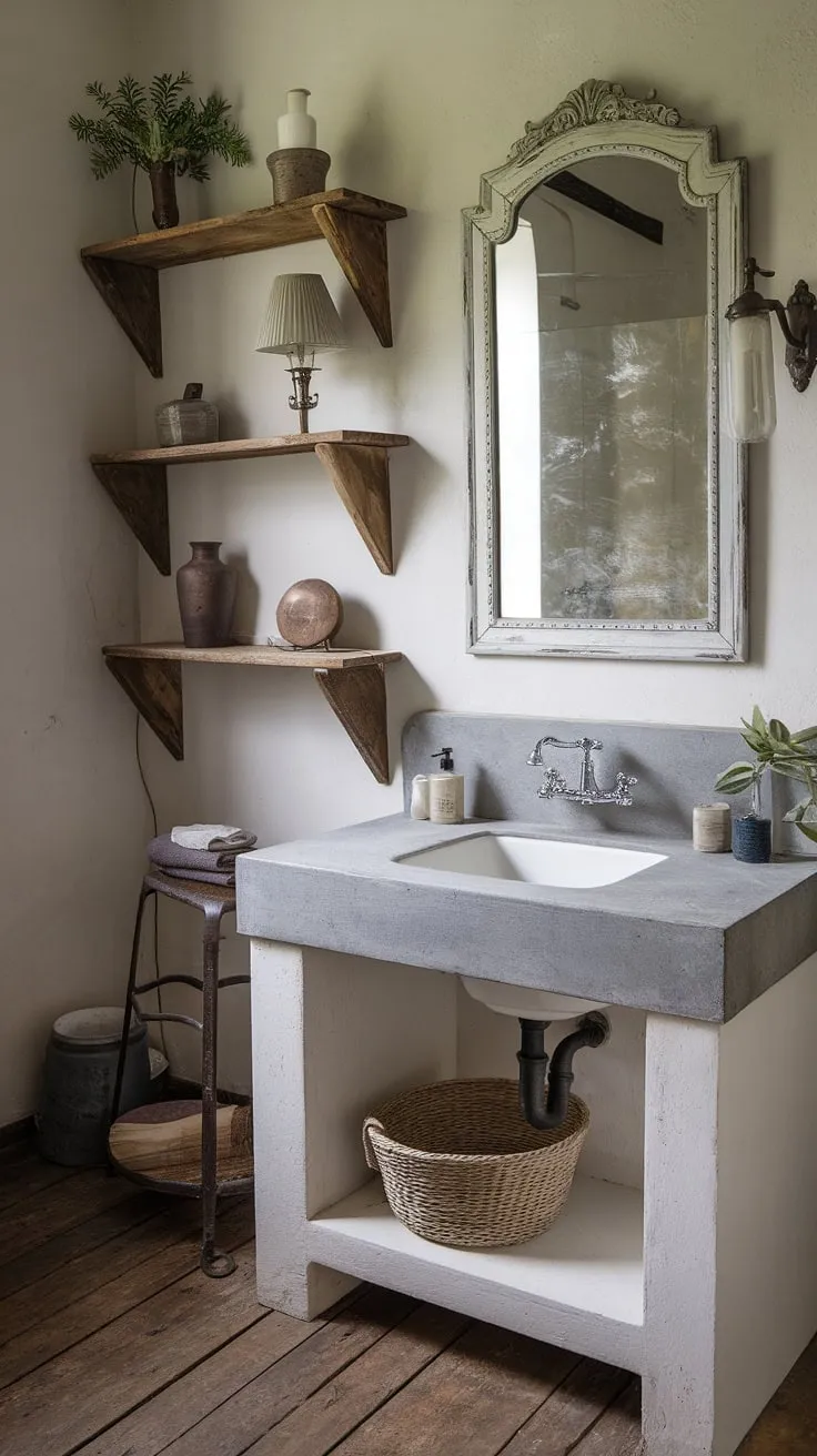 The epitome of French country charm, this bathroom boasts a rustic bathroom design with a stunning concrete vanity top.  The French country vanity is the perfect centerpiece, creating a serene and elegant French bathroom escape.