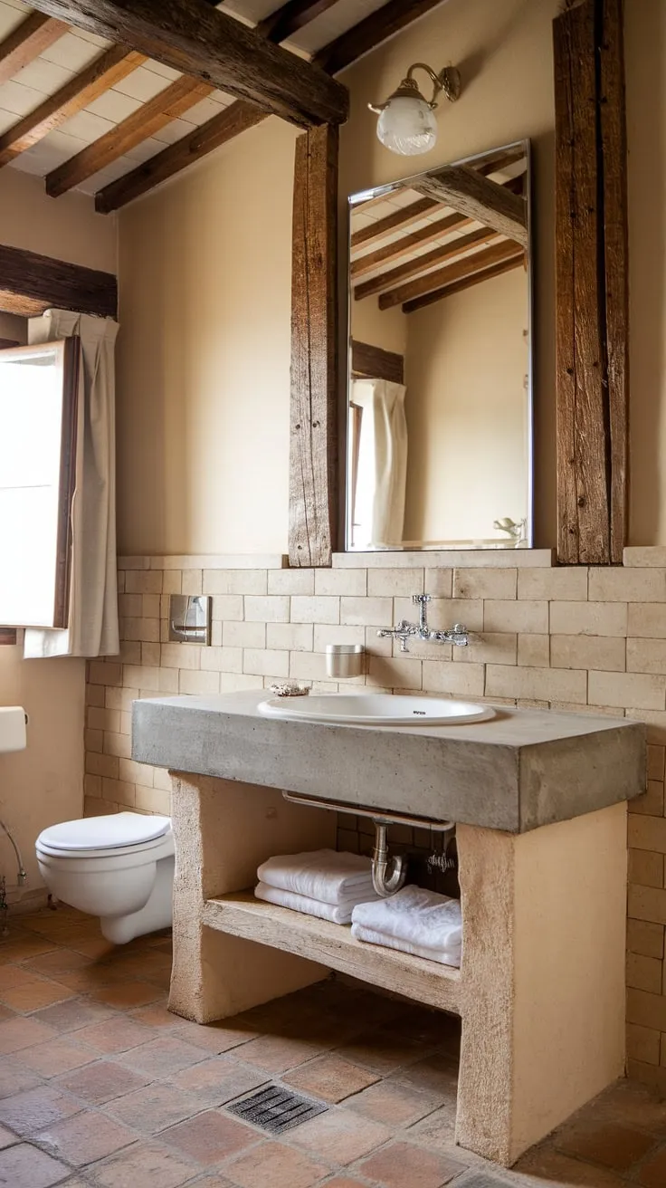 This French bathroom embodies rustic charm.  The concrete vanity top provides a sleek contrast to the beige tiles and the warm tones of the French country vanity.  Every detail, from the terracotta floor to the window's soft curtain, contributes to this idyllic rustic bathroom design.