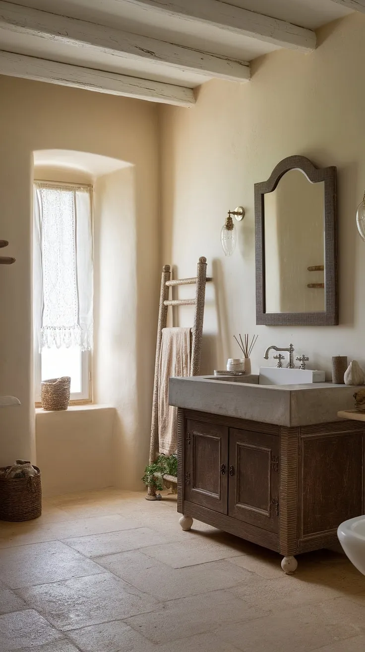 Indulge in the rustic charm of this French bathroom.  The concrete vanity top and French country vanity are the heart of this design, showcasing a beautiful blend of textures and styles in this idyllic French country bathroom.