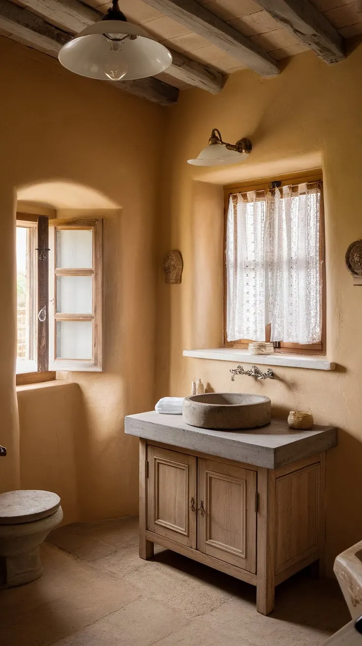 This French bathroom boasts a captivating blend of rustic charm and contemporary style.  The French country vanity, topped with a sleek concrete vanity top, is the centerpiece of this stunning rustic bathroom design, effortlessly blending old-world allure with modern sophistication.
