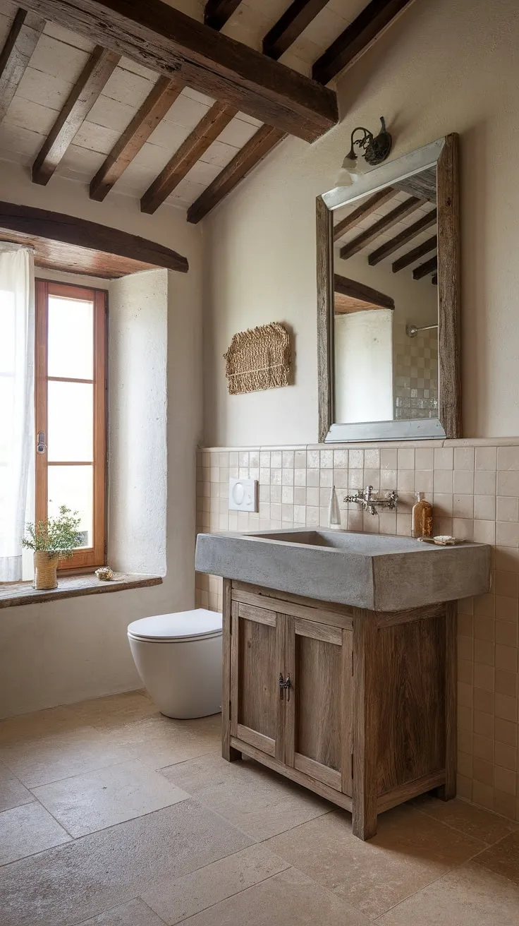 This French bathroom showcases the beauty of a rustic bathroom design with a stunning French country vanity. The concrete vanity top provides a striking contrast, perfectly complementing the overall French country aesthetic.