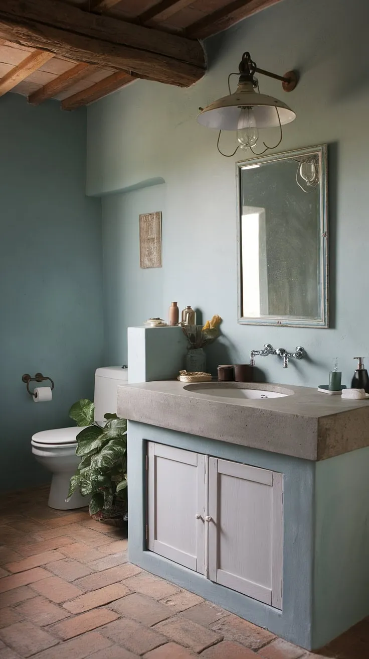 The epitome of French country charm, this bathroom boasts a rustic bathroom design with a stunning concrete vanity top.  The French country vanity is the perfect centerpiece, adding a touch of elegance to this serene French bathroom retreat.
