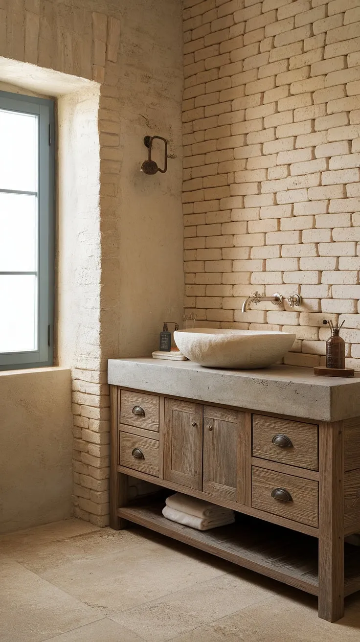 Indulge in the charm of this French country bathroom, where a rustic bathroom design meets modern elegance. The concrete vanity top adds a touch of industrial chic to the beautifully crafted French country vanity.