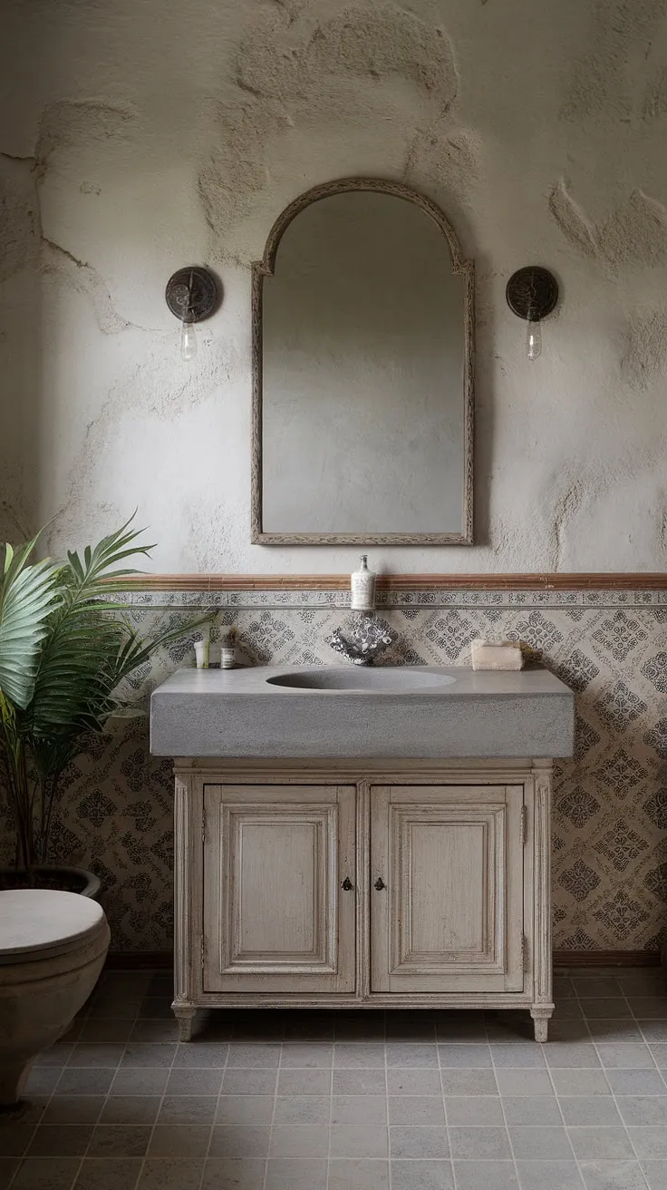 The epitome of French country charm, this bathroom boasts a rustic bathroom design with a stunning concrete vanity top.  The French country vanity is the perfect centerpiece, creating a serene and elegant French bathroom escape.