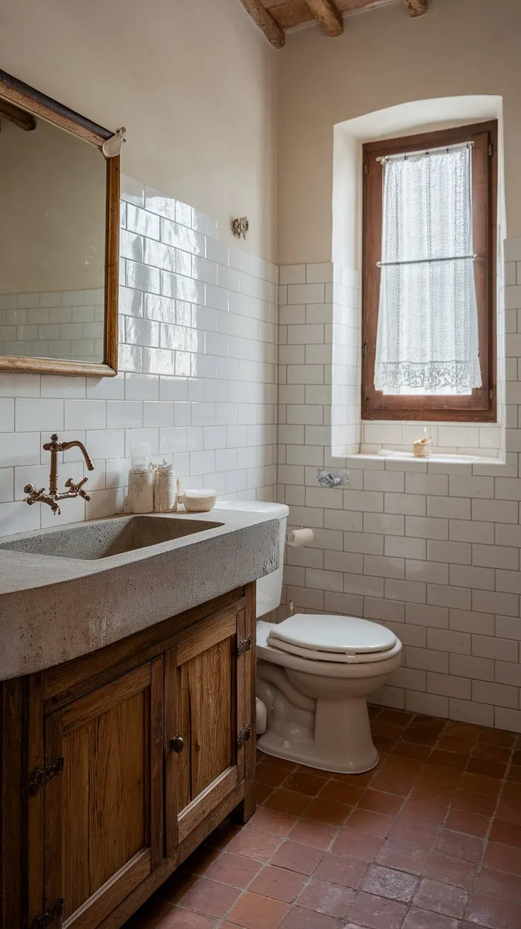 Indulge in the charm of this French country bathroom, where a rustic bathroom design meets modern elegance. The concrete vanity top adds a touch of industrial chic to the French country vanity, creating a truly unique and inviting space.