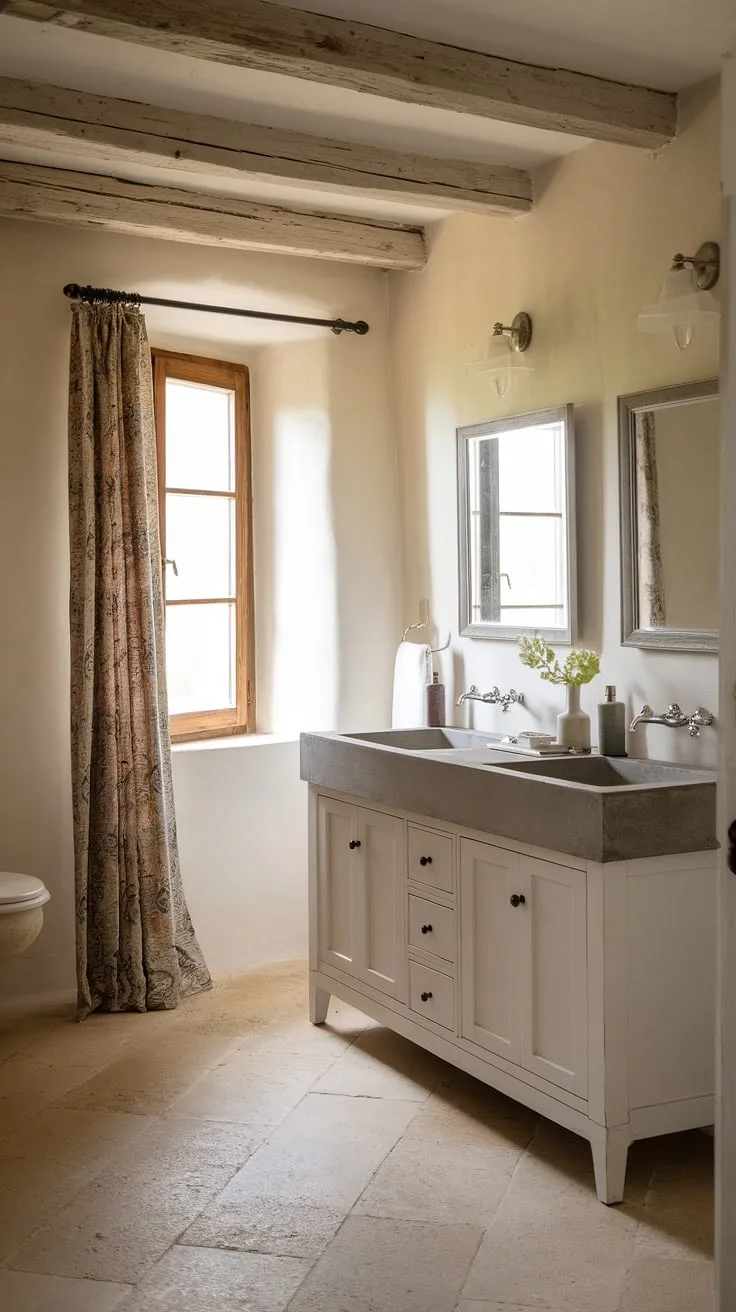 Indulge in the charm of this French bathroom, showcasing a stunning French country vanity with a unique concrete vanity top.  The rustic bathroom design is perfectly complemented by the beige tile floor and soft window light, creating a tranquil retreat.