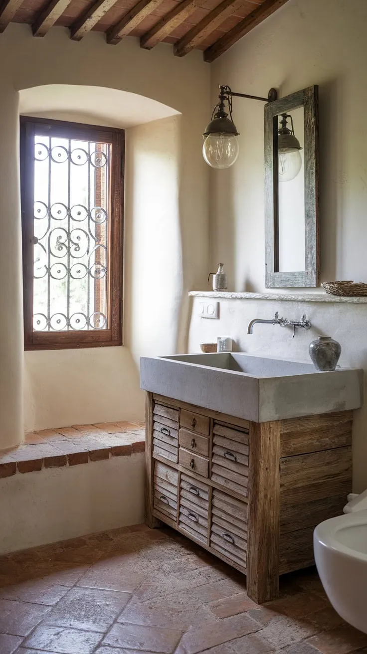 This French bathroom embodies the spirit of French country living.  The rustic bathroom design is beautifully complemented by the sleek concrete vanity top and the charming French country vanity, resulting in a serene and sophisticated retreat.