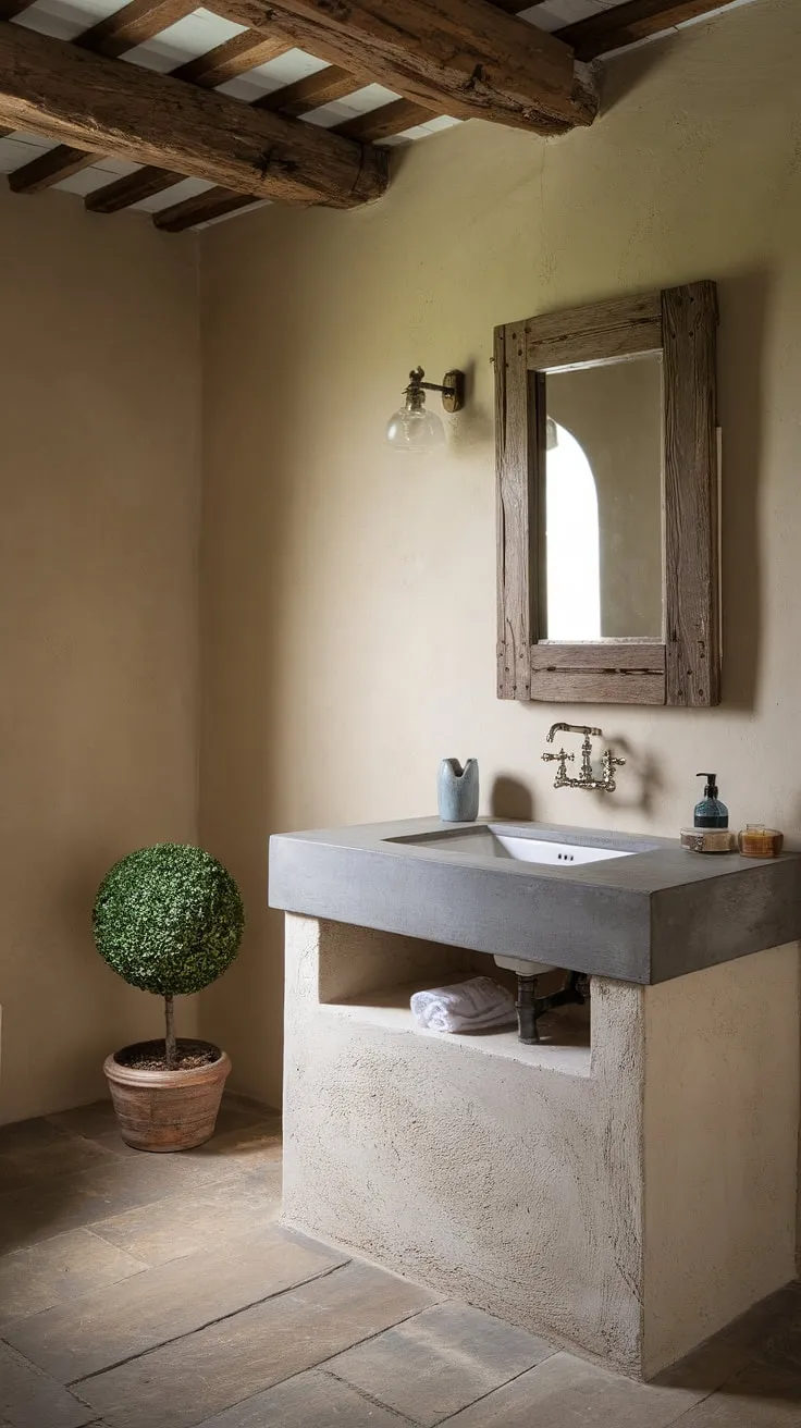 This French bathroom embodies rustic elegance.  The concrete vanity top adds a touch of industrial chic to the French country vanity, while the wooden beams and framed mirror complete the idyllic French country bathroom design.