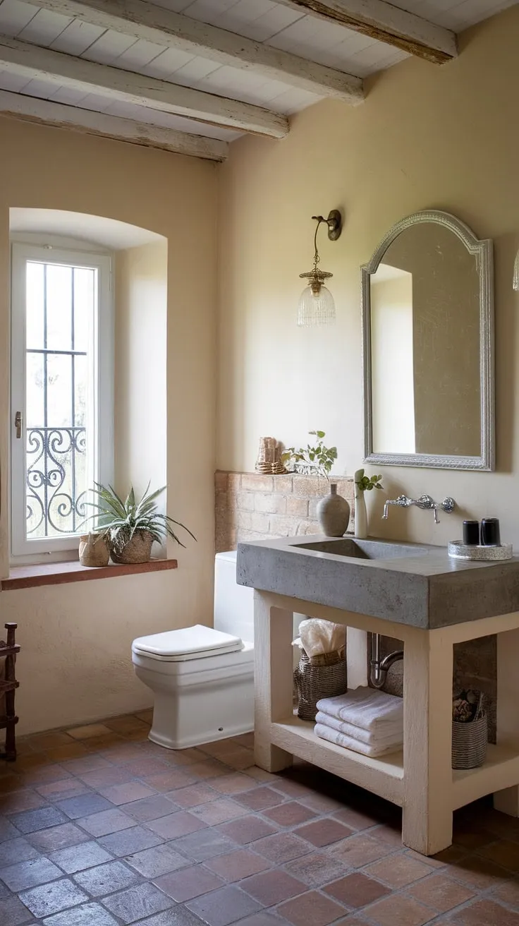 This French bathroom embodies rustic elegance.  The concrete vanity top of the French country vanity is a striking centerpiece in this serene space, showcasing a beautiful blend of textures and styles in this delightful rustic bathroom design.