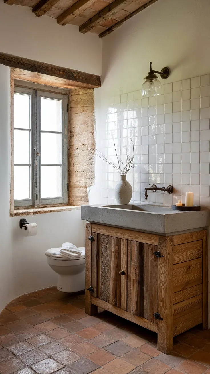 Indulge in the serene atmosphere of this French bathroom.  The rustic bathroom design features a stunning French country vanity boasting a unique concrete vanity top.  Natural light streams through the rustic window, illuminating the charming details of this tranquil retreat.