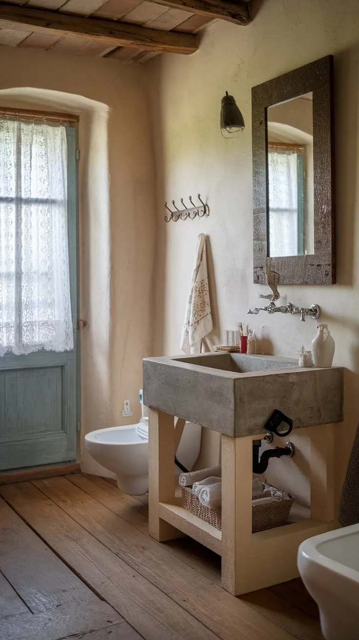 Indulge in the serene atmosphere of this French bathroom.  The rustic bathroom design features a stunning concrete vanity top, a perfect blend of textures and styles for a truly unique French country vanity.  Every detail, from the wooden floors to the simple wall hooks, whispers of French countryside charm.